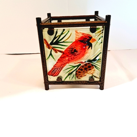 Hand‎ Painted Red Cardinal  Frosted Etched Glass Square Candle Lantern Holder - Picture 5 of 5